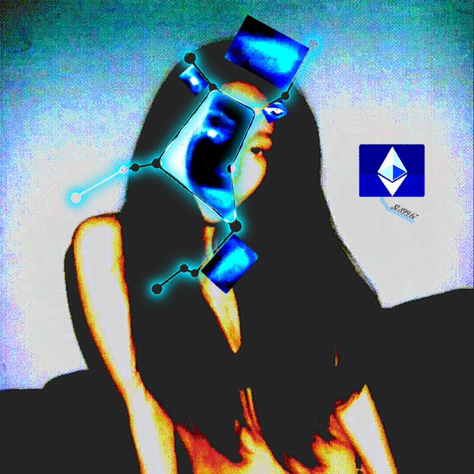 An artistic, distorted digital image featuring a person overlaid with blue geometric shapes and connected dots, alongside an Ethereum (ETH) logo.