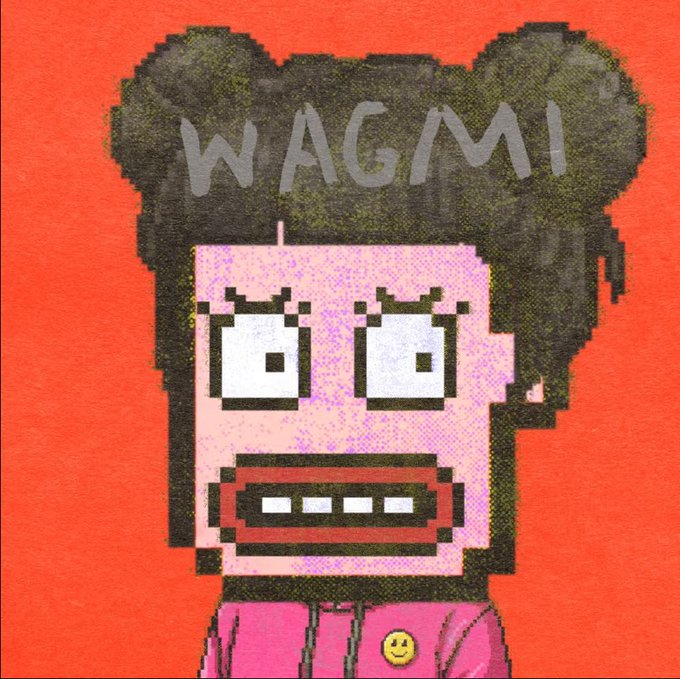 Pixel art illustration of a character with wide staring eyes, gritted teeth, and double buns on a red background, with the text 'WAGMI' overlaid on the hair.