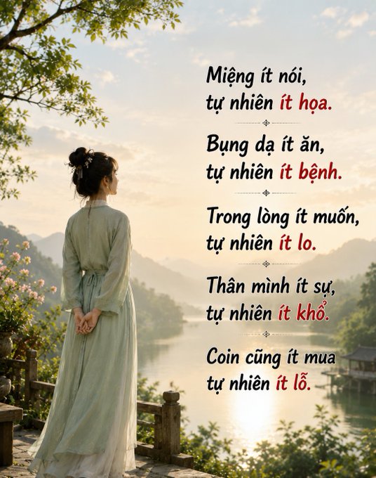 An inspirational Vietnamese quote overlaid on a scenic photo of a woman in a traditional dress overlooking a misty lake: 'Miệng ít nói, tự nhiên ít họa. Bụng đa ít ăn, tự nhiên ít bệnh. Trong lòng ít muốn, tự nhiên ít lo. Thân mình ít sự, tự nhiên ít khổ. Coin cũng ít mua tự nhiên ít lỗ.'