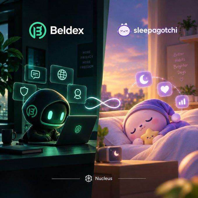A split promotional graphic showing a dark, tech-themed 'Beldex' mascot at a computer on the left and a cozy, pink 'sleepagotchi' mascot sleeping in bed on the right.