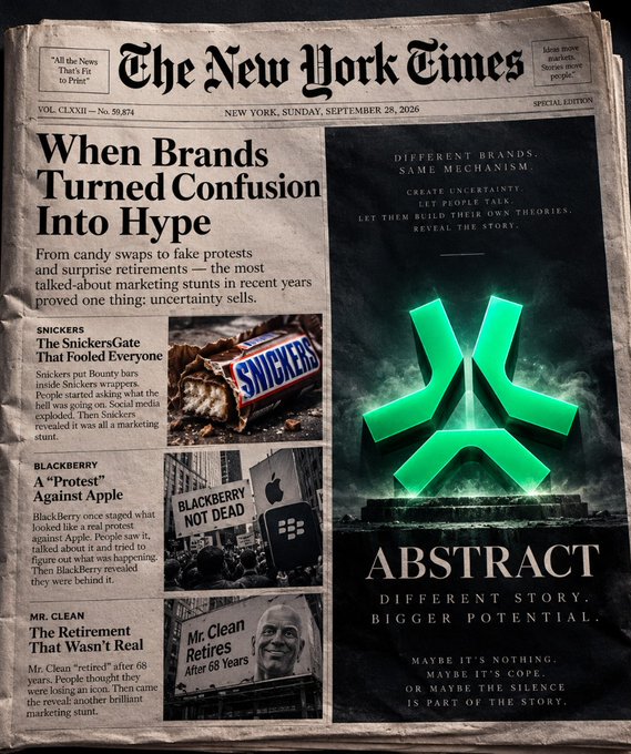 A mock newspaper cover titled 'The New York Times' with the main headline 'When Brands Turned Confusion Into Hype,' highlighting marketing stunts like the Snickers 'Snickergate,' the BlackBerry protest against Apple, and Mr. Clean 'retiring,' next to a large ad reading 'ABSTRACT DIFFERENT STORY. BIGGER POTENTIAL.'