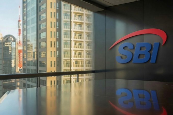 Corporate office lobby featuring an SBI logo sign with Tokyo Tower visible through the window in the background.