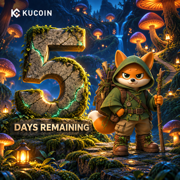 A promotional KuCoin image featuring the text "5 DAYS REMAINING" alongside the explorer fox character KuKu, who stands with a walking staff and backpack in a magical forest setting with giant glowing mushrooms—visually reinforcing the post's urgent countdown message that the event is nearing its end.