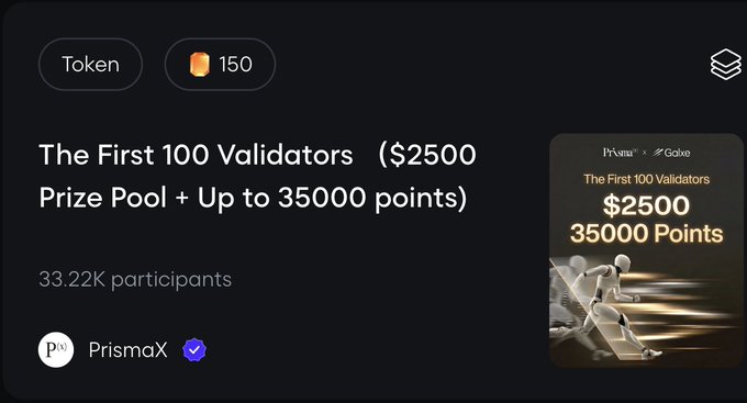 The image shows a Galxe Quest page titled "The First 100 Validators" with a $2500 prize pool and up to 35000 points, hosted by PrismaX with 33.22K participants and 150 tokens displayed. The accompanying post promotes this quest, highlighting that 15 days remain to join the 33.22K participants already on the Galxe platform for a chance to win the prize pool by scoring real robot data.