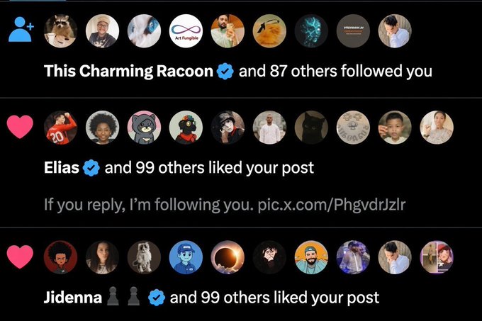 A screenshot of X (Twitter) notifications showing new followers and likes, including verified accounts "This Charming Racoon" and "Elias" with 87 and 99 others respectively, alongside a promotional message about growing one's X account and endorsing the cryptocurrency token $SUNUSI ("THE AFRICAN BULL").