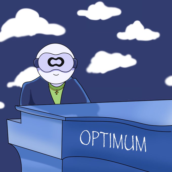 The image features a cartoon character wearing glasses and a suit sitting at a blue piano with the word "OPTIMUM" written above it, which suggests that this scene might be related to an optimization problem or challenge within the blockchain technology. The character is smiling, indicating a positive attitude towards finding solutions for such challenges.