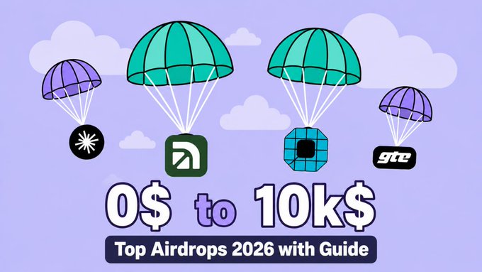 A promotional graphic titled '0$ to 10k$: Top Airdrops 2026 with Guide', featuring parachutes dropping logos including Filecoin, an RSS icon, a teal chip, and 'gte'.