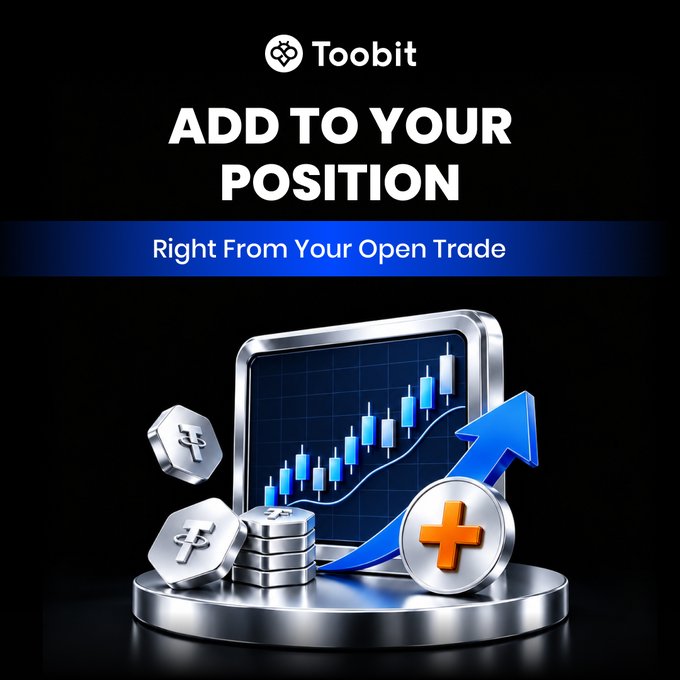 A promotional graphic for the cryptocurrency exchange Toobit, advertising a feature to "ADD TO YOUR POSITION Right From Your Open Trade," illustrated with a 3D chart, coins, and an upward arrow.