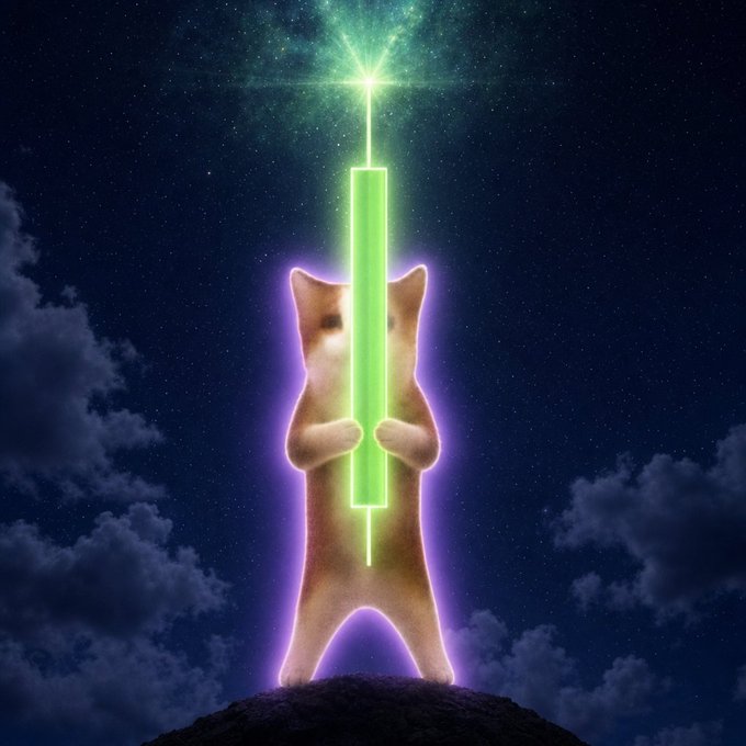 A digitally edited image shows a hamster standing on a rock under a starry night sky, holding a glowing green neon sword-like beam of light pointing upward.
