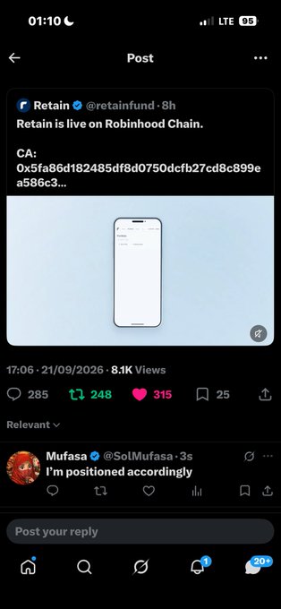 A Twitter/X post from @retainfund announcing that Retain is live on Robinhood Chain, showing a contract address and an image of a phone displaying an app interface.