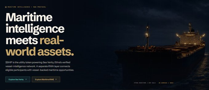 A promotional webpage for Ethra and Maritime RWA titled 'Maritime intelligence meets real-world assets,' featuring $SHIP as the utility token.