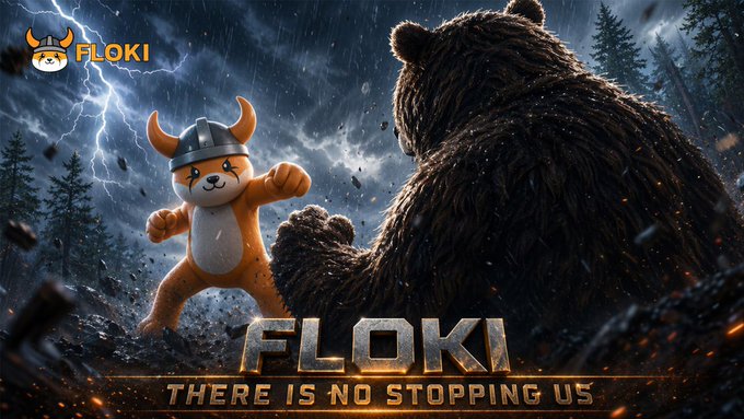A promotional graphic for FLOKI cryptocurrency featuring a cartoon Shiba Inu character with a viking helmet facing off against a large bear in a stormy setting, with the text 'FLOKI THERE IS NO STOPPING US'.
