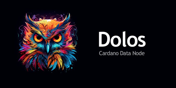 A logo for 'Dolos, Cardano Data Node' featuring a colorful, psychedelic-style illustration of an owl.