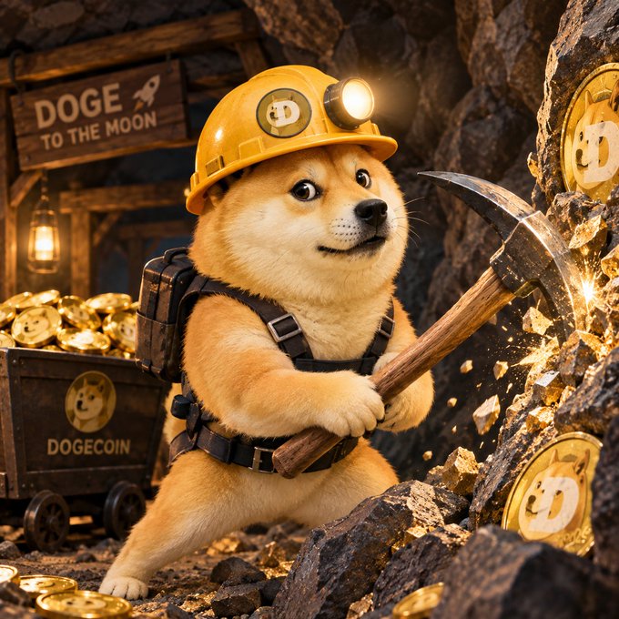 A digital illustration of a Shiba Inu dog dressed as a miner, wearing a yellow hard hat with a Dogecoin logo, holding a pickaxe next to gold Dogecoin coins, with a sign reading 'DOGE TO THE MOON' and a cart labeled 'DOGECOIN'.