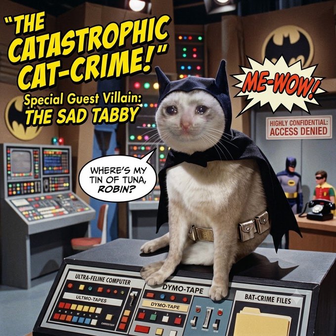 A humorous meme featuring a cat dressed as Batman in the Batcave with comic-style text bubbles, including 'THE CATASTROPHIC CAT-CRIME!' and 'WHERE'S MY TIN OF TUNA, ROBIN?'.