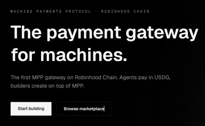 The image shows a sleek black landing page for MeshGateway, branding itself as "The payment gateway for machines" and the first MPP (Machine Payments Protocol) gateway on Robinhood Chain, where AI agents can pay in $USDG and builders create on top of MPP. The page features two call-to-action buttons—"Start building" and "Browse marketplace"—visually reinforcing the post's announcement about enabling AI agents to discover services and make automated payments, with the platform powered by its $MESH token.