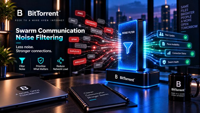 A promotional graphic for "BitTorrent Swarm Communication Noise Filtering" featuring a glowing blue device filtering out spam network signals.
