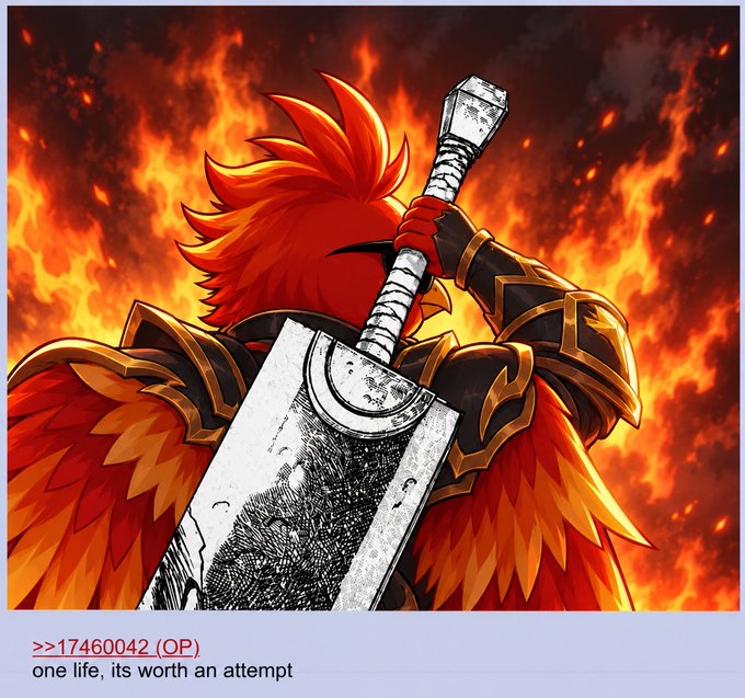 Anime illustration of a red-haired character with wings holding a large sword, with text reading ">>17460042 (OP) one life, its worth an attempt" at the bottom.