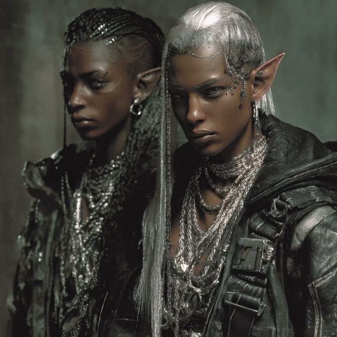 Two dark elf-like figures with pointed ears, intricate silver jewelry, and elaborate hair, wearing dark leather and silver chains in a fantasy portrait style.