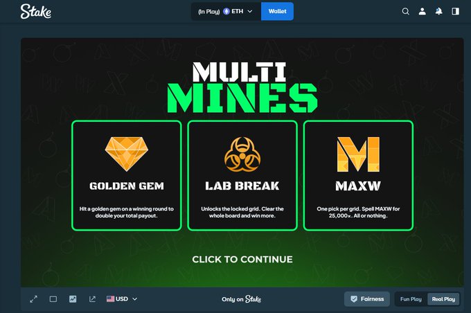 A promotional screen for Stake.com's "Multi Mines" slot game, featuring three themed games—Golden Gem, Lab Break, and MAXW—with a "Click to continue" prompt, aligning with the announcement of their first-ever slot being live.