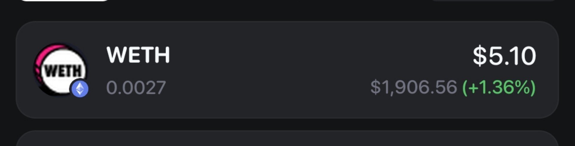 A cryptocurrency wallet interface displaying a WETH (Wrapped Ether) token balance of 0.0027, showing a current value of $5.10 and a price of $1,906.56 with a +1.36% gain.