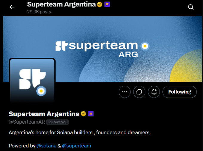 Twitter/X profile page for 'Superteam Argentina' (@SuperteamAR), a 29.3K-post account described as 'Argentina's home for Solana builders, founders and dreamers,' powered by @solana and @superteam.