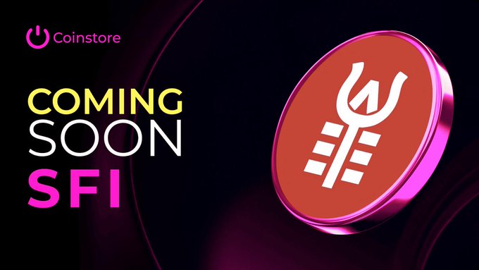Promotional graphic from Coinstore announcing the upcoming listing of $SFI (Saffron Finance), featuring the Coinstore logo, "COMING SOON $SFI" text, and Saffron's red torch emblem on a dark background.