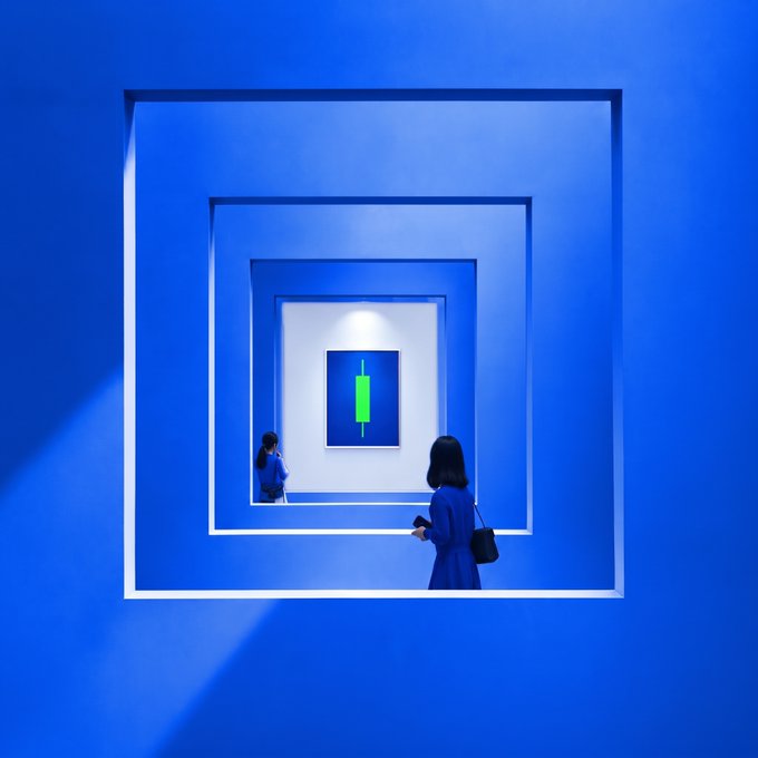 A woman stands in a series of nested blue square frames, gazing toward a glowing green candlestick chart at the center, visually reinforcing the message that every frame (candlestick) on the chart points upward to a bullish "GM."