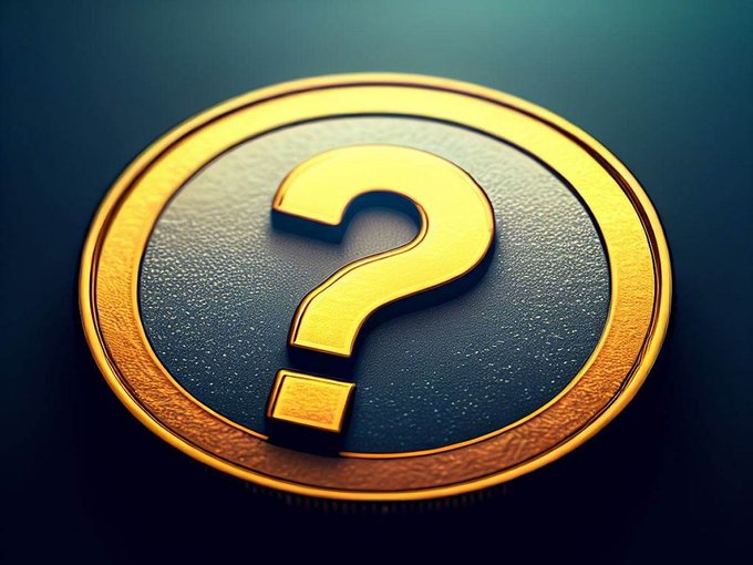 A 3D rendering of a golden question mark symbol set inside a metallic gold and dark blue circular emblem on a teal background.