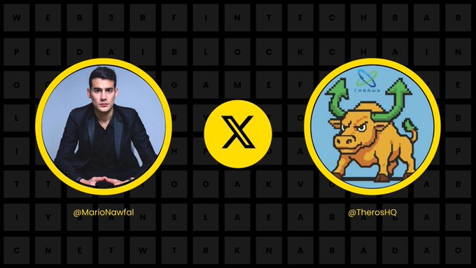 A promotional graphic featuring a Twitter/X collaboration announcement between Mario Nawfal (@MarioNawfal) and Theros HQ (@TherosHQ), with a pixel-art bull logo for Theros set against a grid background spelling out "WEB3 FINTECH BABY PREDABLOCKCHAIN GAME OF THE BLOCKCHAIN INVESTORS BUSTOR CONNECT WITH THeros BABADAO."