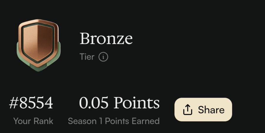 A digital achievement screen displays a bronze shield badge labeled 'Bronze Tier' with the rank '#8554', '0.05 Points' earned in Season 1, and a 'Share' button.
