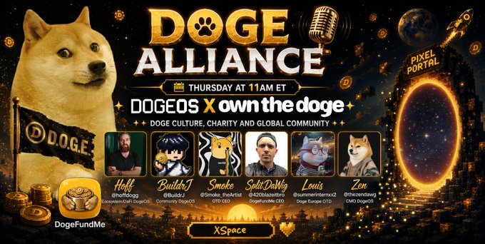 A promotional graphic for "DOGE ALLIANCE" features the text "Thursday at 11AM ET" and "Doge Culture, Charity and Global Community," hosted by DogeOS X Own The Doge, with featured guests Hoff (@hodlDoge), Bulldog1 (@Build1-1), Smoke (@Smoke_theArtist), Split Da Wig (@420blazeitdro), Louis (@summertimelambo2), and Zen (@shizenswag), alongside DogeFundMe and XSpace logos. The cosmic-themed design with a Shiba Inu mascot, rocket, and portal directly supports the post's announcement of an X Space discussing dog culture, charity, and global community.