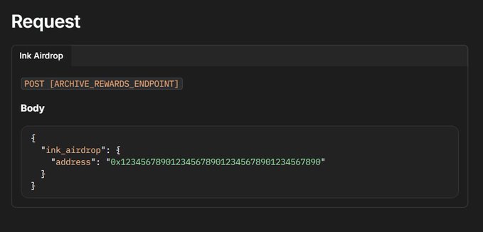 A dark-themed API documentation interface displays a POST request endpoint for "Ink Airdrop," showing a JSON body containing an address field.