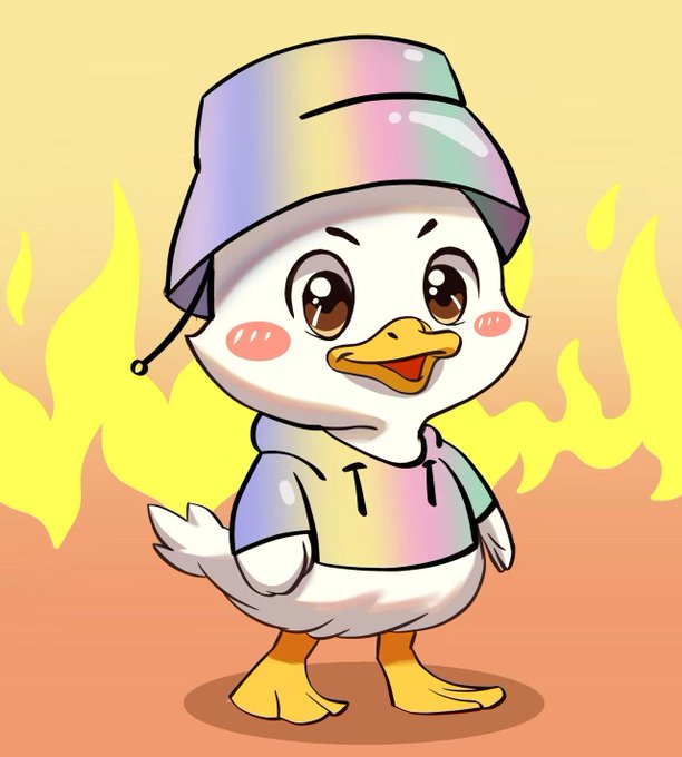 A cartoon illustration shows a small white duck wearing a pastel iridescent bucket hat and hoodie, standing in front of yellow flames against an orange background.