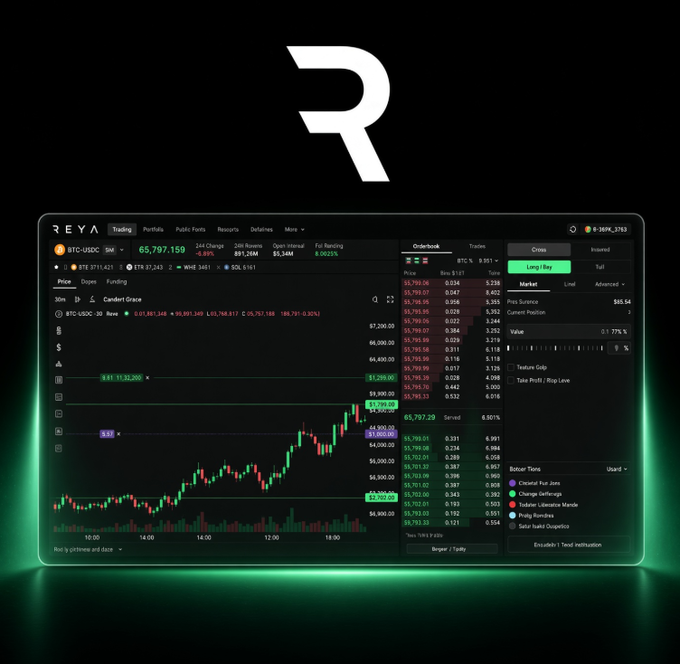 A stylized promotional image featuring the "REYA" trading platform logo above an interface displaying BTC-USDC charts at $65,797.159, with orderbook data and trading metrics shown in a dark-themed UI. The image visually reinforces the post's argument about dedicated trading infrastructure, showcasing the kind of low-latency, controlled trading environment that benefits from having its own blockchain rather than competing for block space on a general-purpose chain.