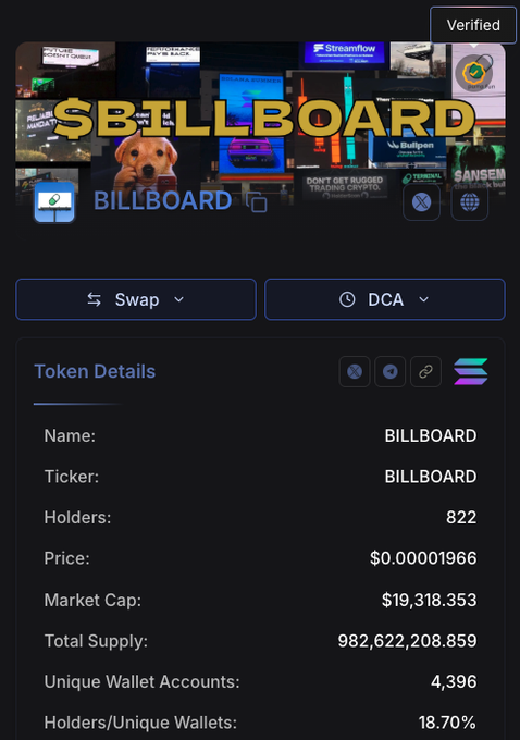 A cryptocurrency token page shows the BILLBOARD token with details: ticker BILLBOARD, 822 holders, price $0.00001966, market cap $19,318,353, and total supply of 982,622,208,859.