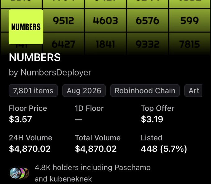 A screenshot of an NFT collection called "NUMBERS" on Robinhood Chain by NumbersDeployer, showing 7,801 items with a floor price of $3.57, 24H volume of $4,870.02, and 4.8K holders including Paschamo and kubeneknek—illustrating the "2 per wallet" limit by highlighting the collection's low price and modest holder count.