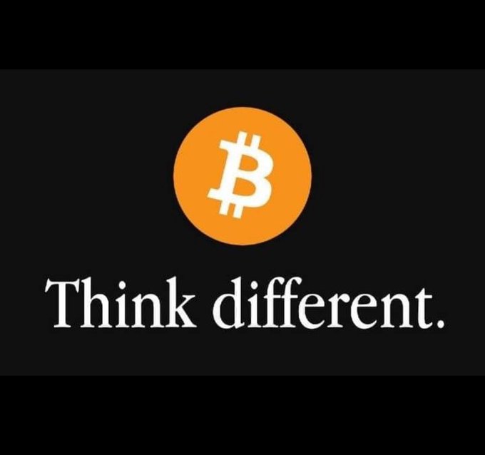 An image featuring the Bitcoin logo in orange with the text 'Think different.' styled similarly to Apple's iconic slogan.