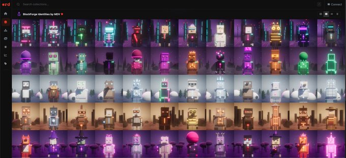 A screenshot from the Erded NFT marketplace displaying a collection titled 'BlockForge Identities by MDY' featuring a grid of pixelated robot/character avatars.