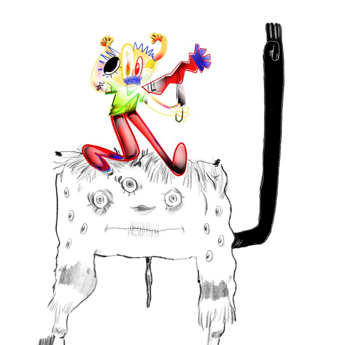 A whimsical, surreal illustration featuring a colorful, cartoonish figure dancing on top of a white, multi-eyed creature with a long black arm ending in a hand.