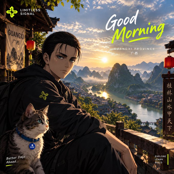An anime-style illustration features a young man with a tabby cat overlooking a scenic Chinese landscape with karst mountains at sunrise, branded with 'LIMITLESS SIGNAL' and 'Good Morning, GUANGXI PROVINCE 广西'.