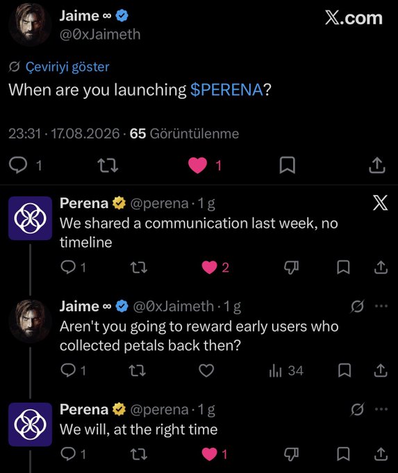 A screenshot of a Twitter/X conversation in Turkish between users 'Jaime ∞' (@0xJaimeth) and 'Perena' (@perena) discussing the launch and rewards for the $PERENA token.
