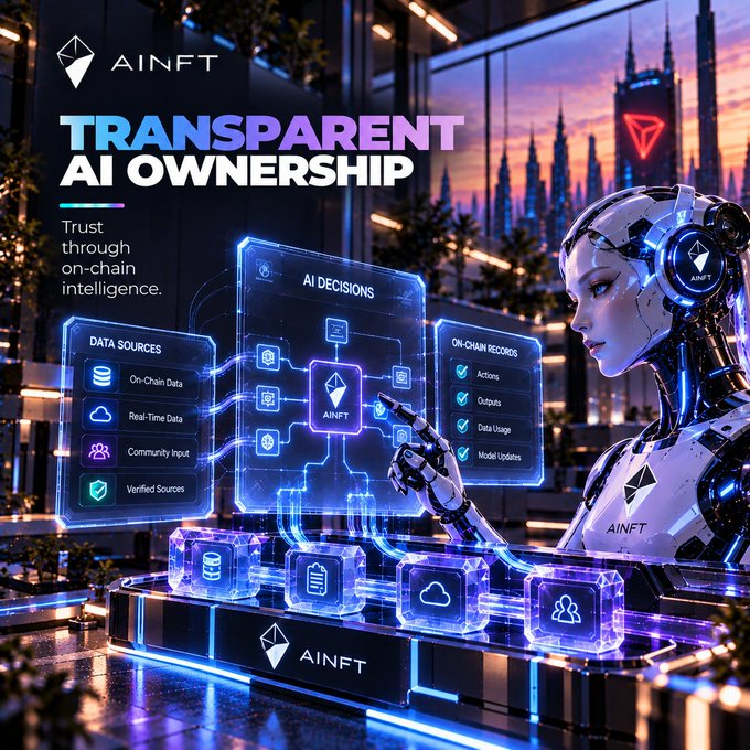 Futuristic AI-themed graphic for 'AINFT' promoting 'TRANSPARENT AI OWNERSHIP' with text 'Trust through on-chain intelligence,' showing a robot interacting with holographic AI decision panels.
