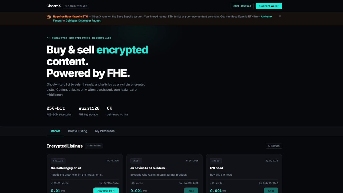 The image displays an online marketplace with several posts related to buying, selling, and sharing content securely. The website has a black background which makes the white text stand out clearly. At the bottom of the screen, there's a logo representing a search engine, along with information about how the site is powered by @fhenix CoFHE.