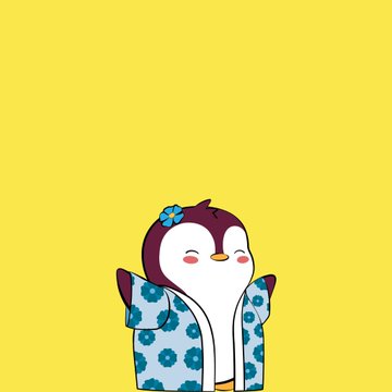 A cartoon penguin wearing a blue floral hoodie with a blue flower on its head stands against a bright yellow background.