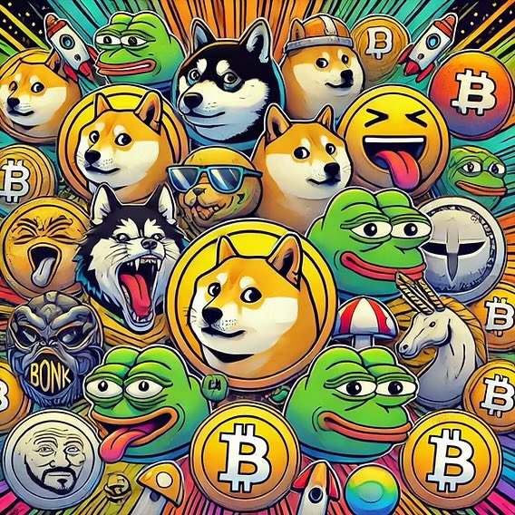 A colorful, cartoon-style collage featuring various cryptocurrency-themed memes including Shiba Inu (DOGE), Pepe the Frog, Bitcoin logos, Bitcoin coins, rockets, and other internet meme characters.