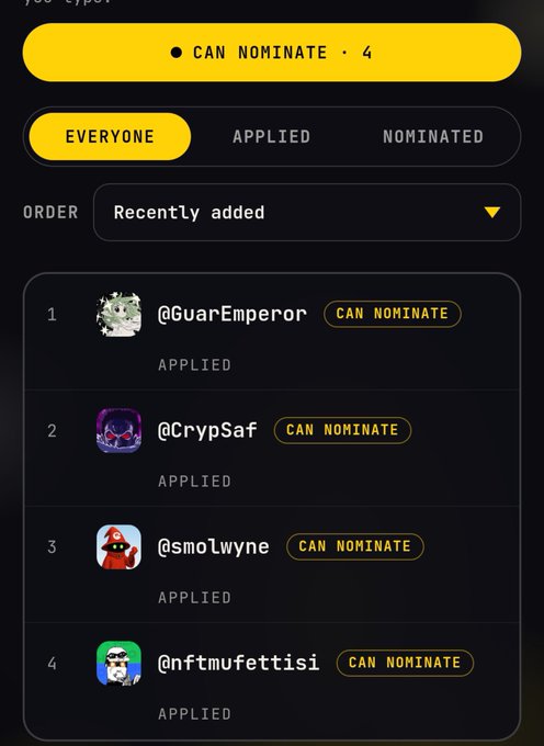 A screenshot of a digital interface with a yellow header showing "CAN NOMINATE • 4", listing four users (@GuarEmperor, @CrypSaf, @smolwyne, @nftmufettisi) under the "EVERYONE" tab.