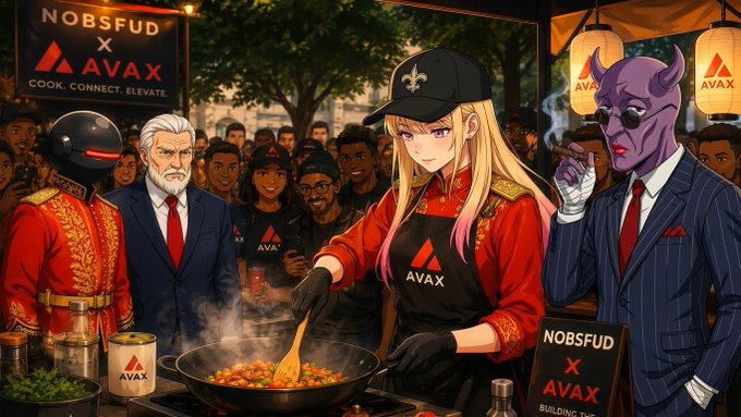 An anime-style illustration of characters in aprons cooking at a 'NOBSFUD x AVAX' event with a crowd gathered around them.