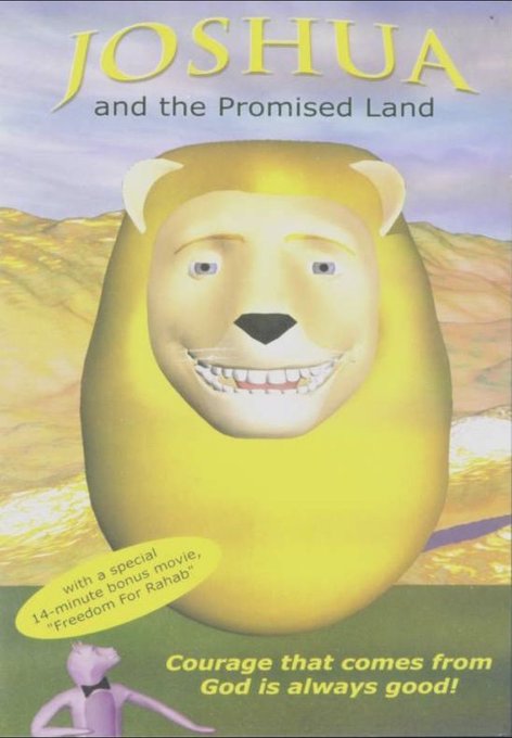 The image shows a DVD-style cover for "JOSHUA and the Promised Land," featuring a yellow lion-like character with a smile, a small pink figure at the bottom, and the tagline "Courage that comes from God is always good!" along with a bonus movie note for "Freedom For Rahab."

The image appears to be a children's religious animated film cover unrelated to the post, which promotes a Solana meme coin called "$Joshua" with a contract address and a trading link—likely using the cover image humorously as a visual reference for the token name.