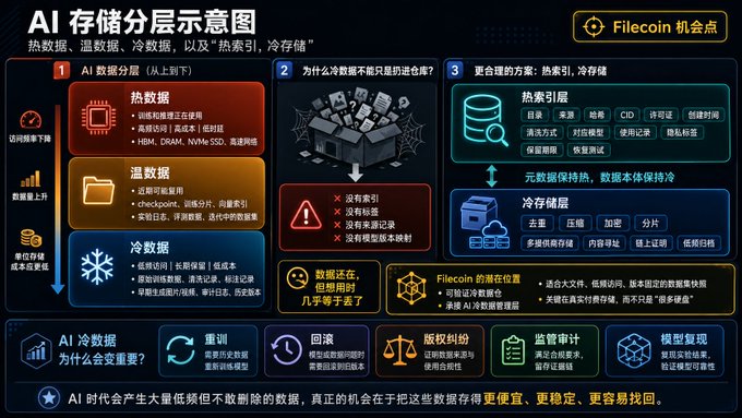 The image is a Chinese infographic titled "AI 存储分层示意图" (AI Storage Layering Diagram) that illustrates three tiers of data storage—热数据 (hot data), 温数据 (warm data), and 冷数据 (cold data)—and highlights Filecoin's opportunity point in providing "热索引，冷存储" (hot indexing, cold storage) solutions for AI data management.

The infographic relates to the post by visually breaking down why cold storage alone isn't enough for AI (lacking indexing, searchability, and resource records) and positioning Filecoin's strengths in reliable certificates, ciphertext storage, and real-data storage as a way to capitalize on the growing AI data storage market.